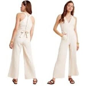Anthropologie Jumpsuit Textured Cream‎ Wrap— Belted Wide Leg — Size 8 (EU40)